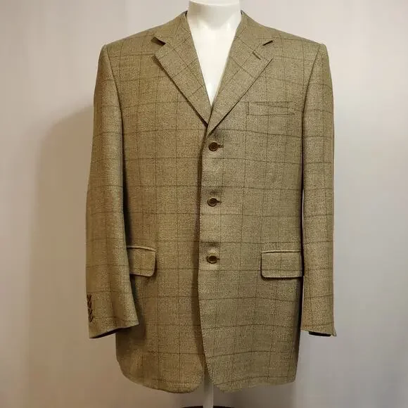 Canali Hopsack Blazer Size 42 Wool Silk Blend Brown Windowpane Plaid 3 Button